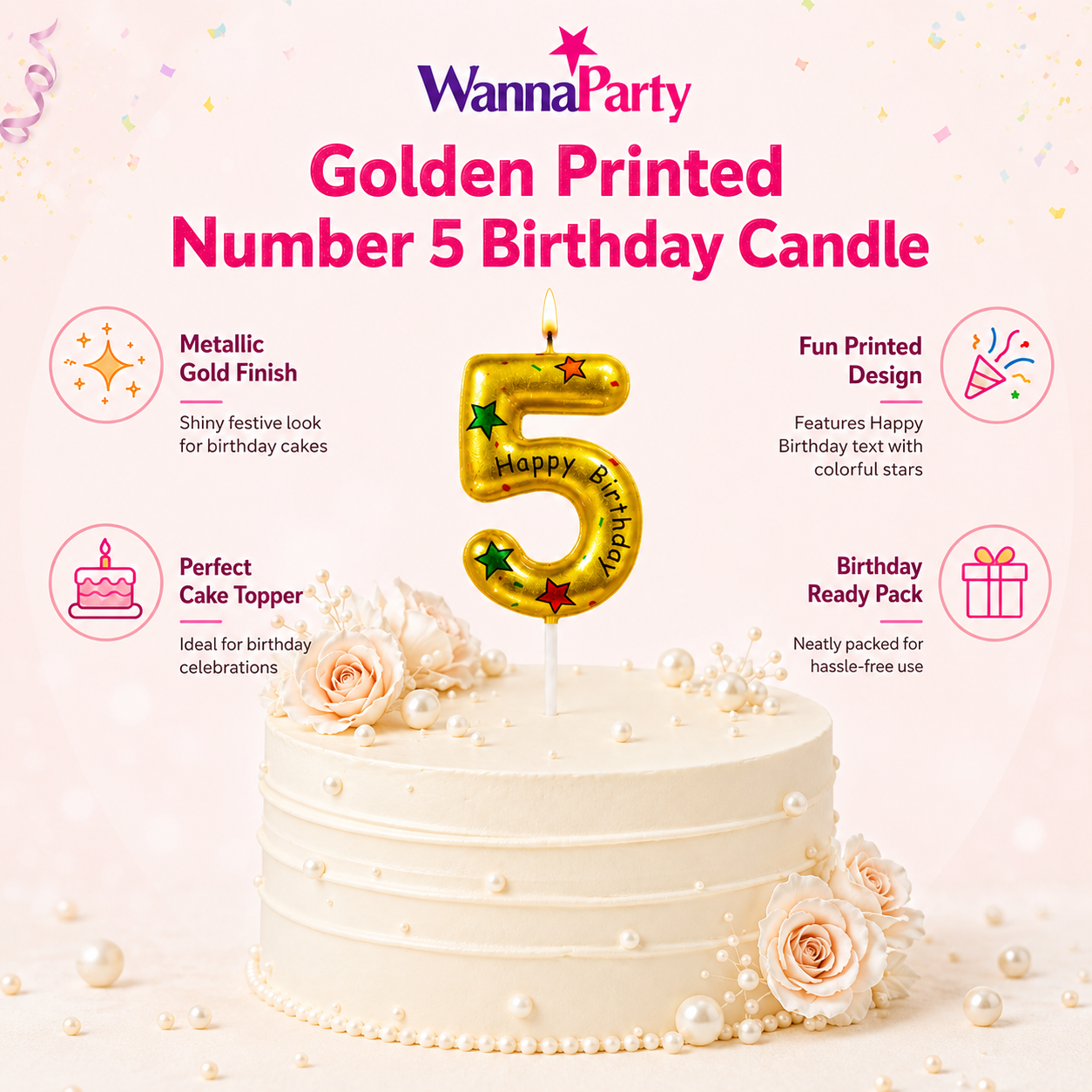 Golden Color Happy Birthday Printed Candle Number 5