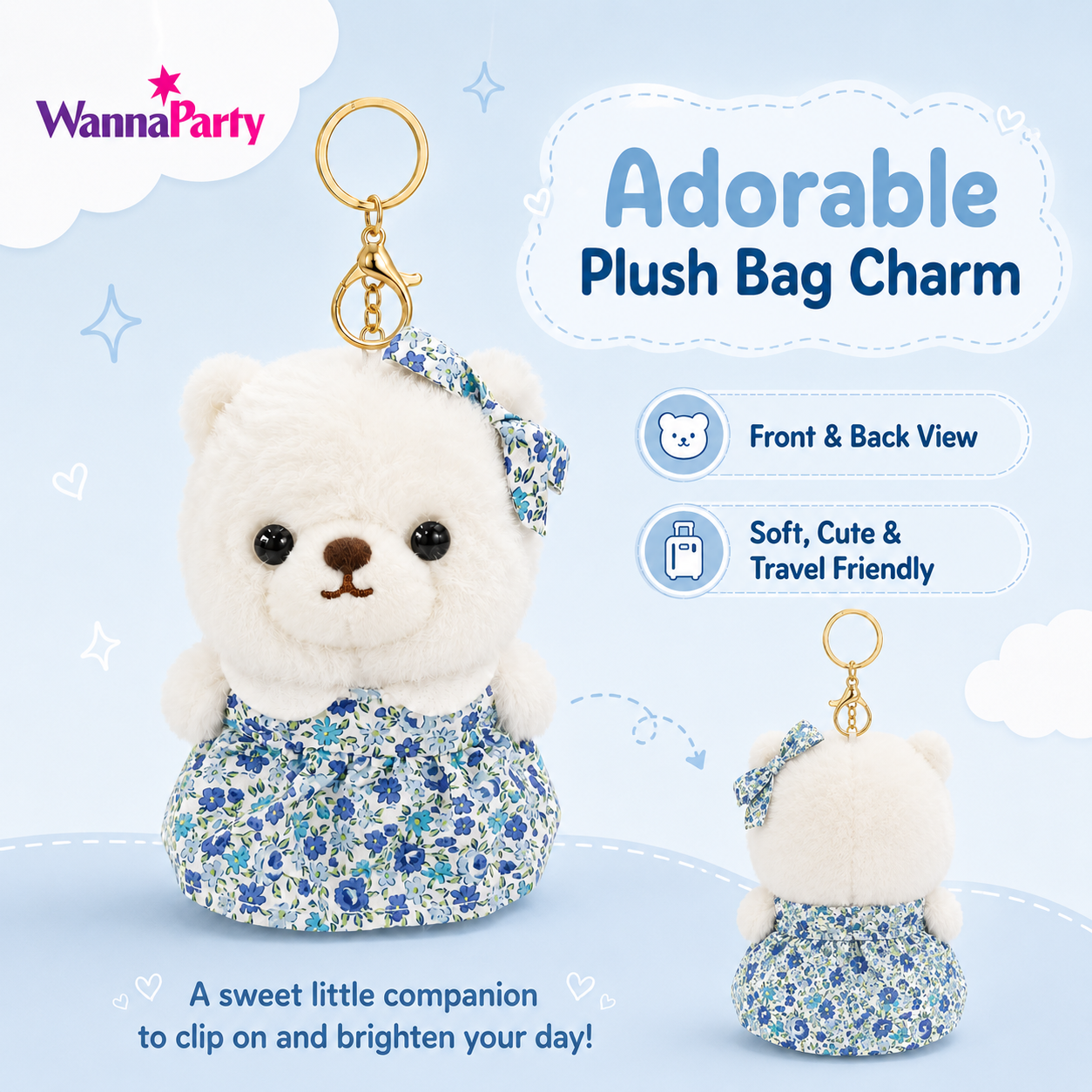 White Teddy Bear Plush Keychain, Cute Soft Bear Bag Charm with Blue Floral Dress | Gold Metal Chain, Backpack, Handbag, Keys, Birthday Return Gift & Party Favor – 1PC