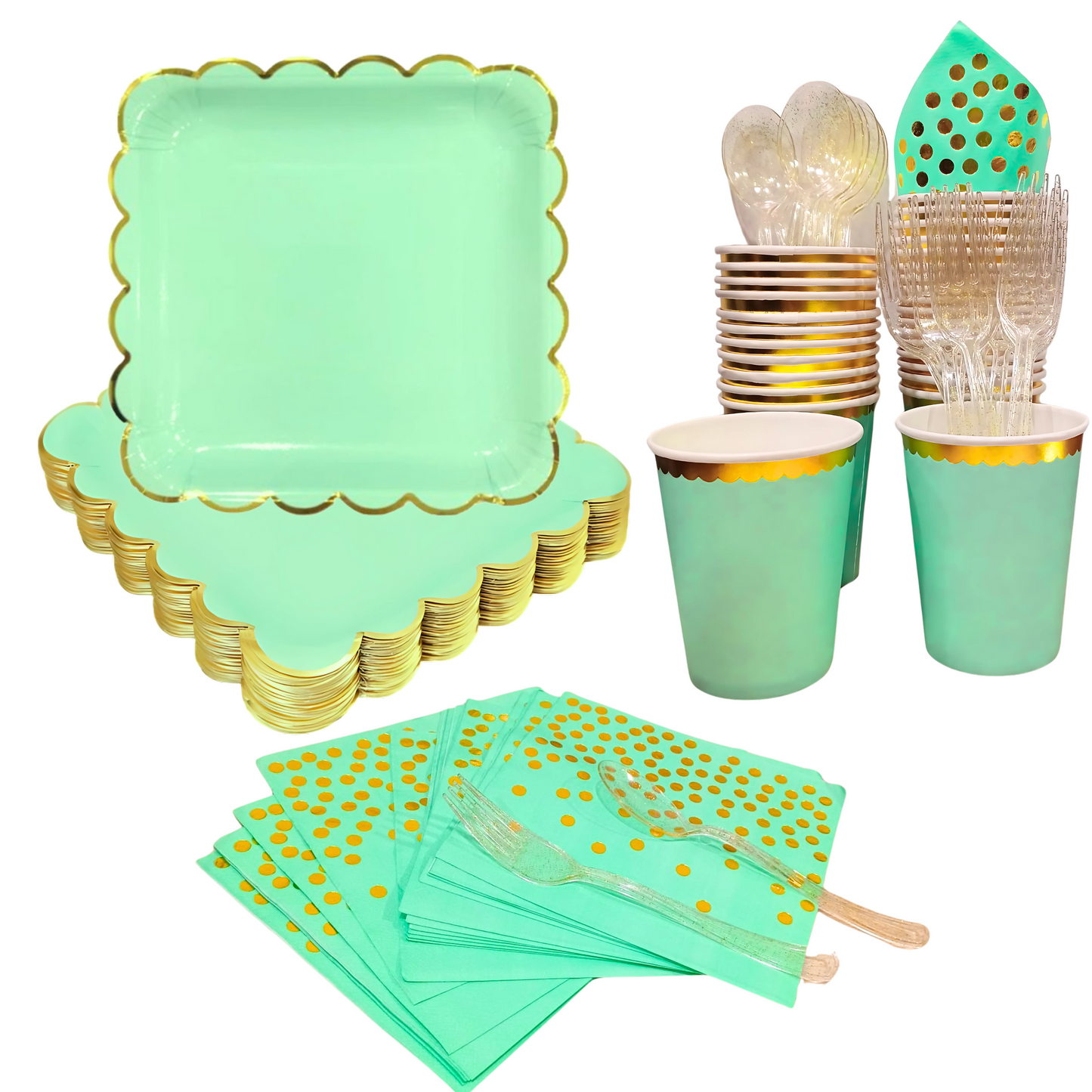 Mint Green Party Tableware Combo with Plates, Tissues, Cups, Spoons and Forks - 64PC - Serves Upto 10 Pax