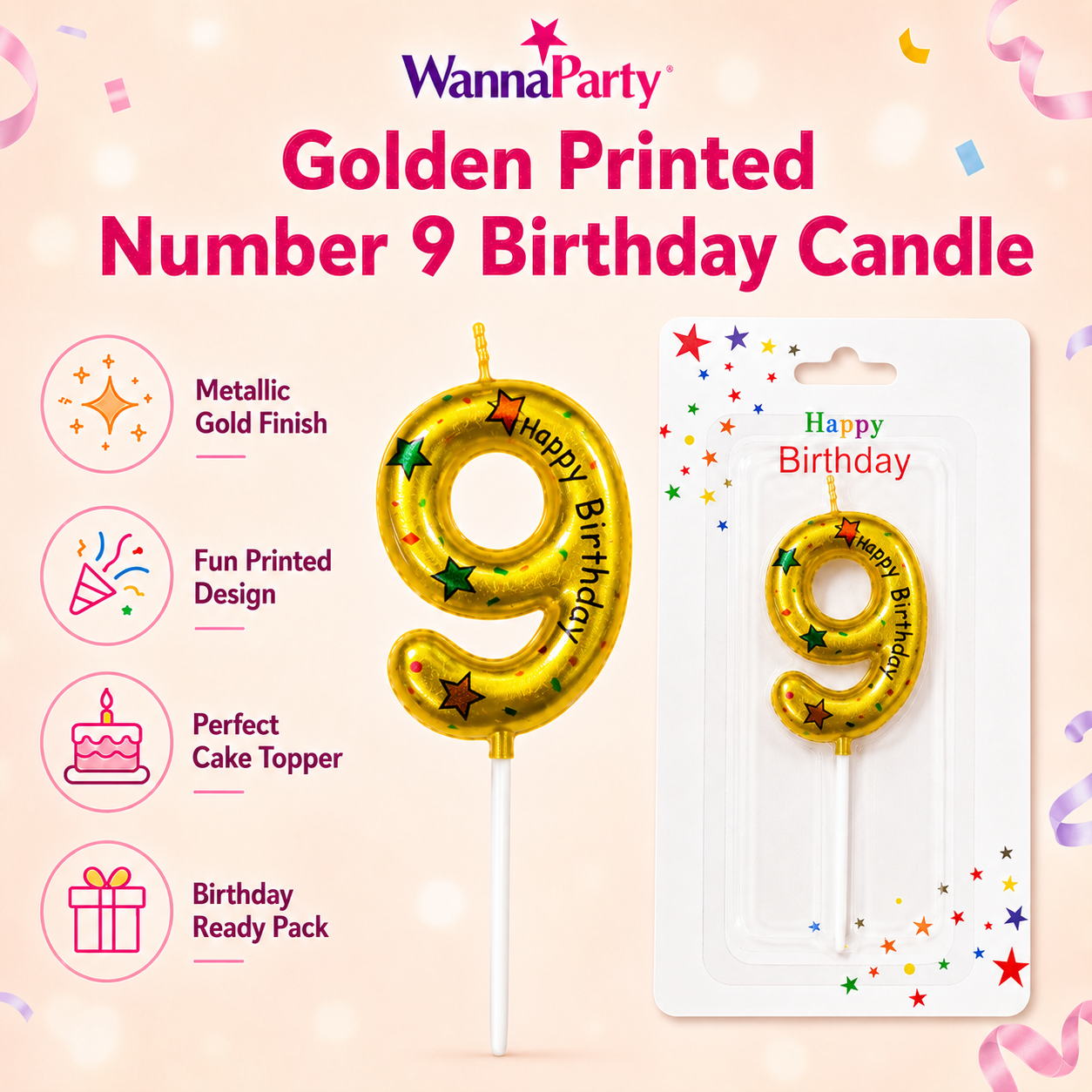 Golden Color Happy Birthday Printed Candle Number 9