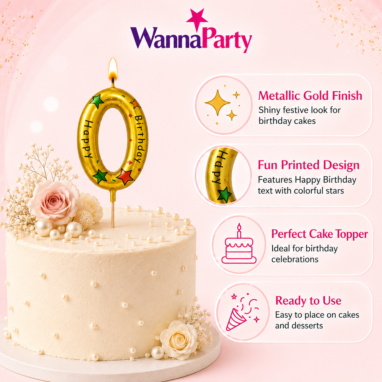 Golden Color Happy Birthday Printed Candle Number 0