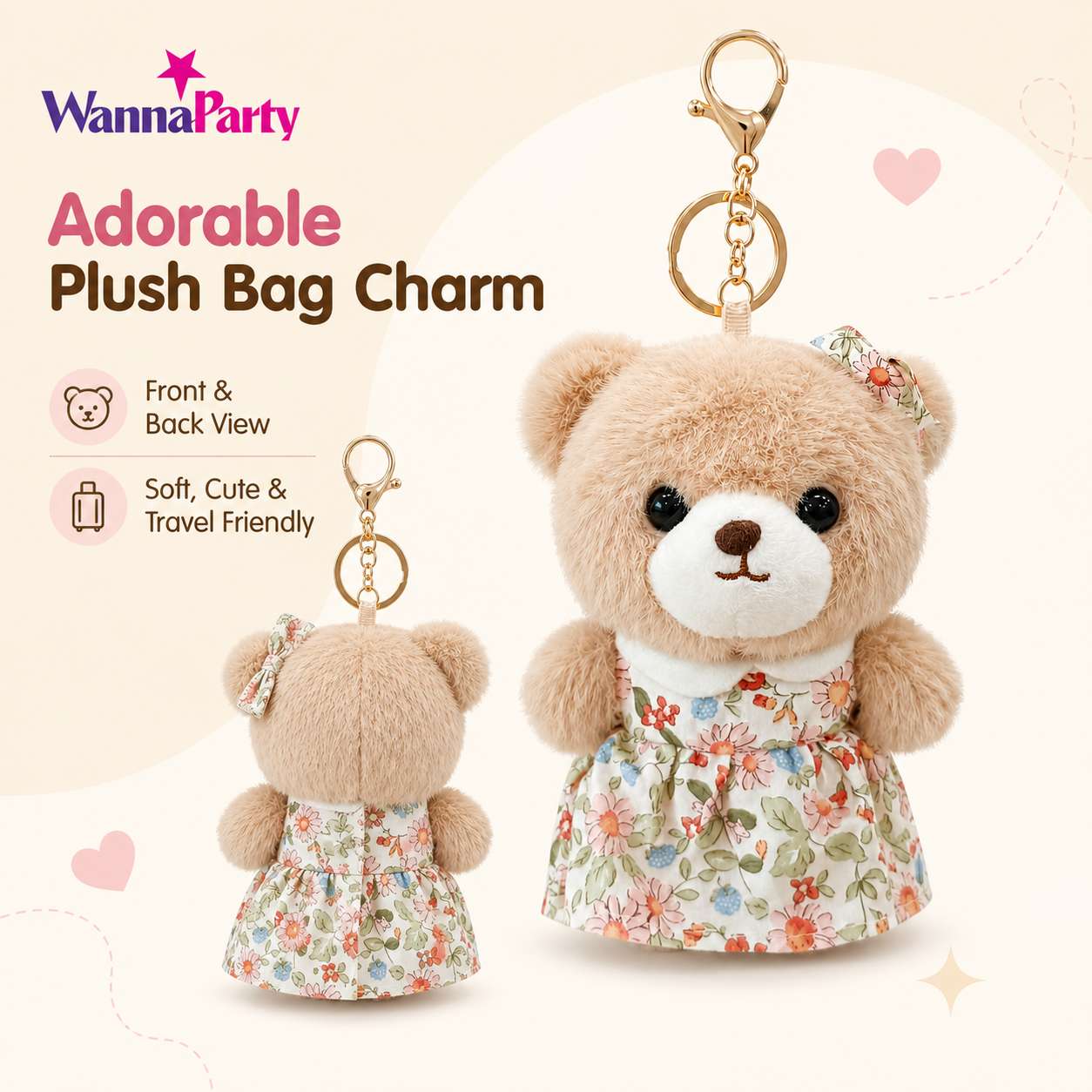 Teddy Bear Plush Keychain, Cute Soft Bear Bag Charm with Floral Dress | Gold Metal Chain, Backpack, Handbag, Keys, Birthday Return Gift & Party Favor – 1PC