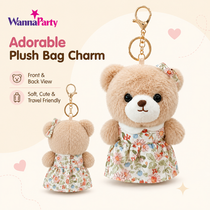 Teddy Bear Plush Keychain, Cute Soft Bear Bag Charm with Floral Dress | Gold Metal Chain, Backpack, Handbag, Keys, Birthday Return Gift & Party Favor – 1PC