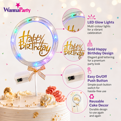 Happy Birthday LED Cake Topper, Transparent Round Cake Decoration with Gold Text, Built-In Light String & Bow for Birthday Party, Cakes, Cupcakes & Dessert Table – 1PC