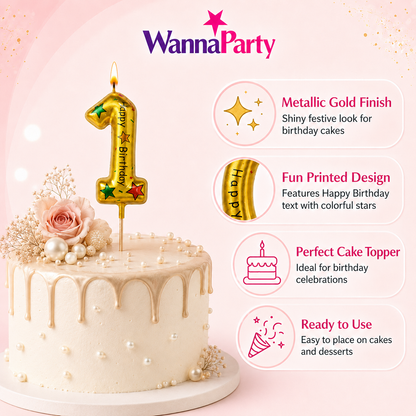 Golden Color Happy Birthday Printed Candle Number 1