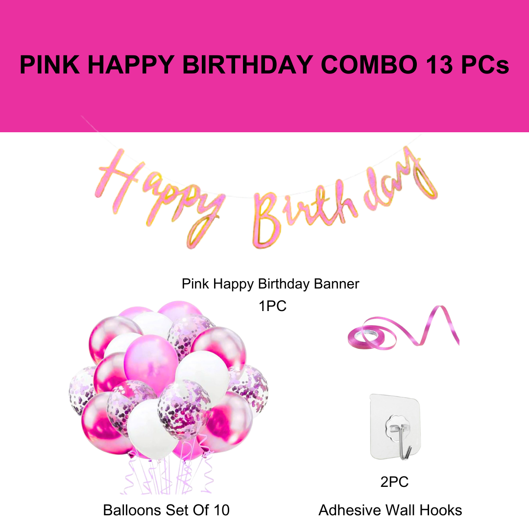 Hot Pink Happy Birthday Cursive Banner w/ White & Pink Confetti Balloons and Wall Hooks Birthday Combo - Set of  13PC