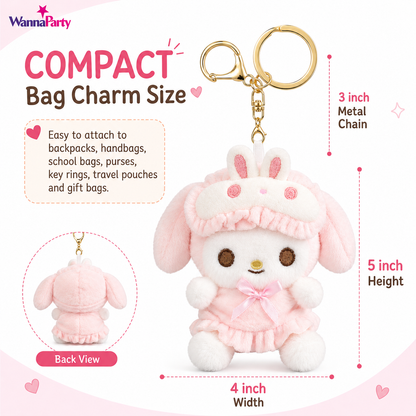My Melody Cute Kawaii Plush Keychain, Soft Pink Bunny | Hood Character Bag Charm with Gold Metal Chain, Backpack, Handbag, Keys, Birthday Return Gift & Party Favor – 1PC