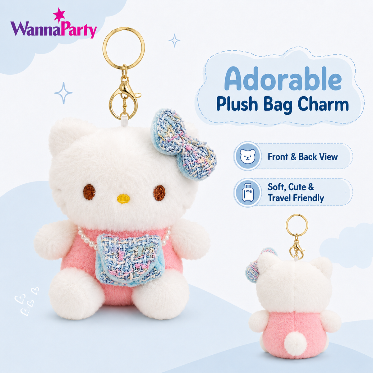 Hello Kitty Pink Plushy Keychain - Kawaii Bag Charm | Wanna Party - Image 3