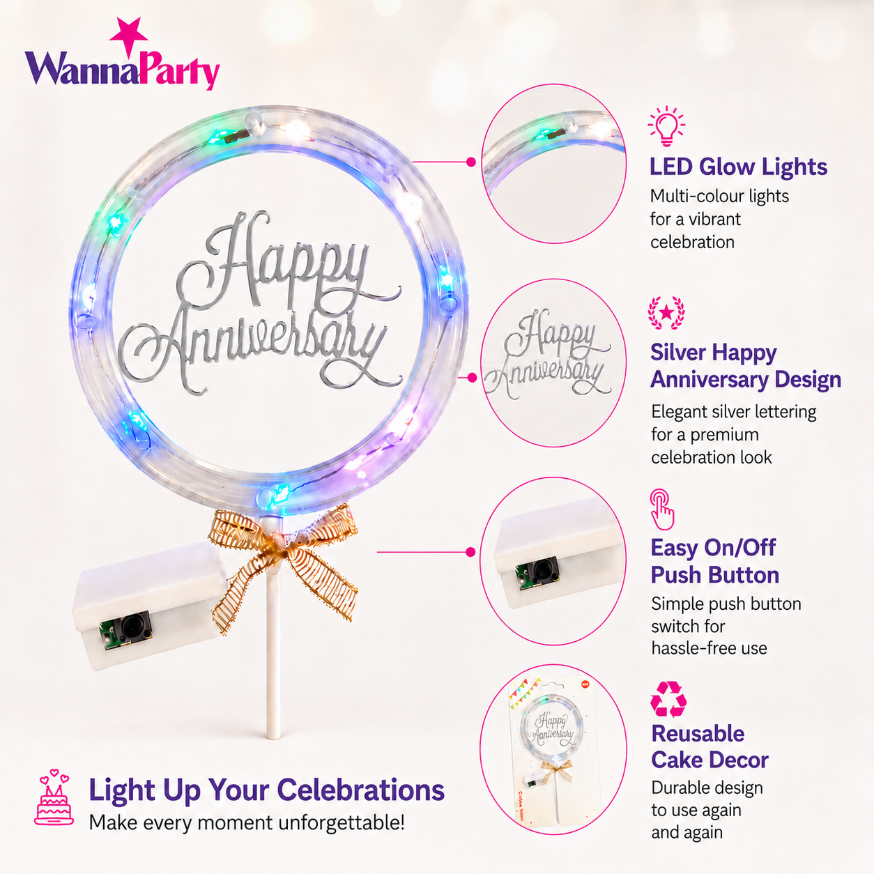 Happy Anniversary LED Cake Topper, Transparent Round Cake Decoration with Gold Text, Built-In Light String & Bow for Anniversary Party, Couple Celebration & Dessert Table – 1PC