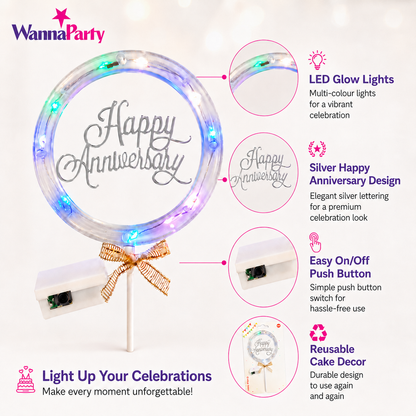 Happy Anniversary LED Cake Topper, Transparent Round Cake Decoration with Gold Text, Built-In Light String & Bow for Anniversary Party, Couple Celebration & Dessert Table – 1PC