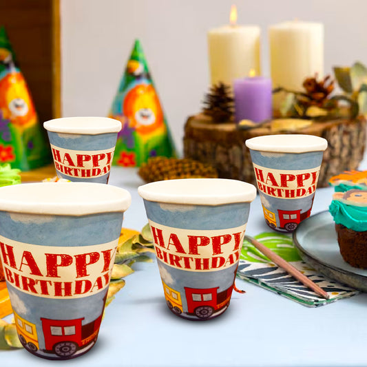 Happy Birthday Party Paper Cups w/ Train Print - 250ML - 8PC