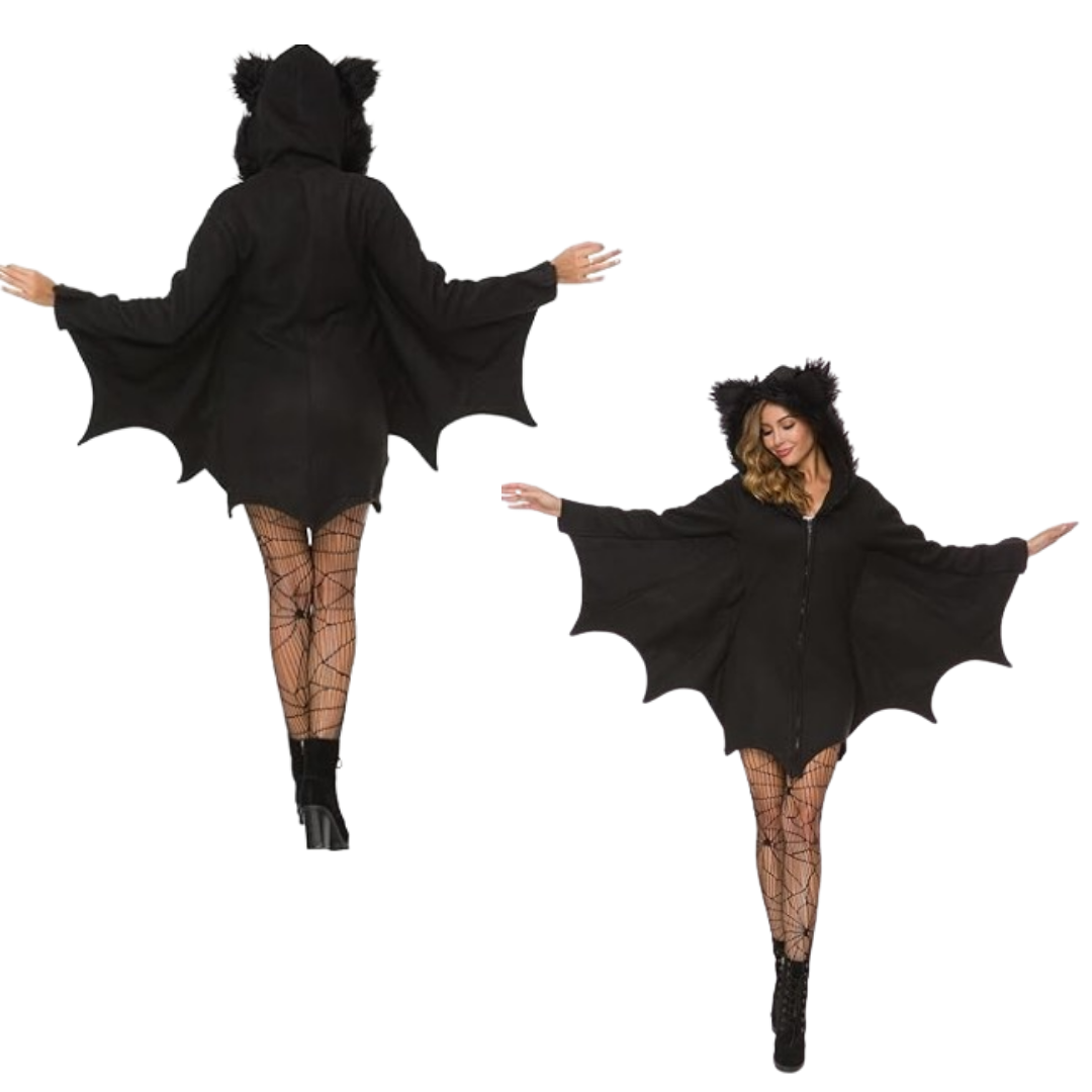 Spooktacular Cozy Bat Adult Jumpsuit Costume for Woman with Hood - Size XL - Bust - 38 inches