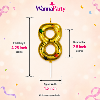 Golden Color Happy Birthday Printed Candle Number 8