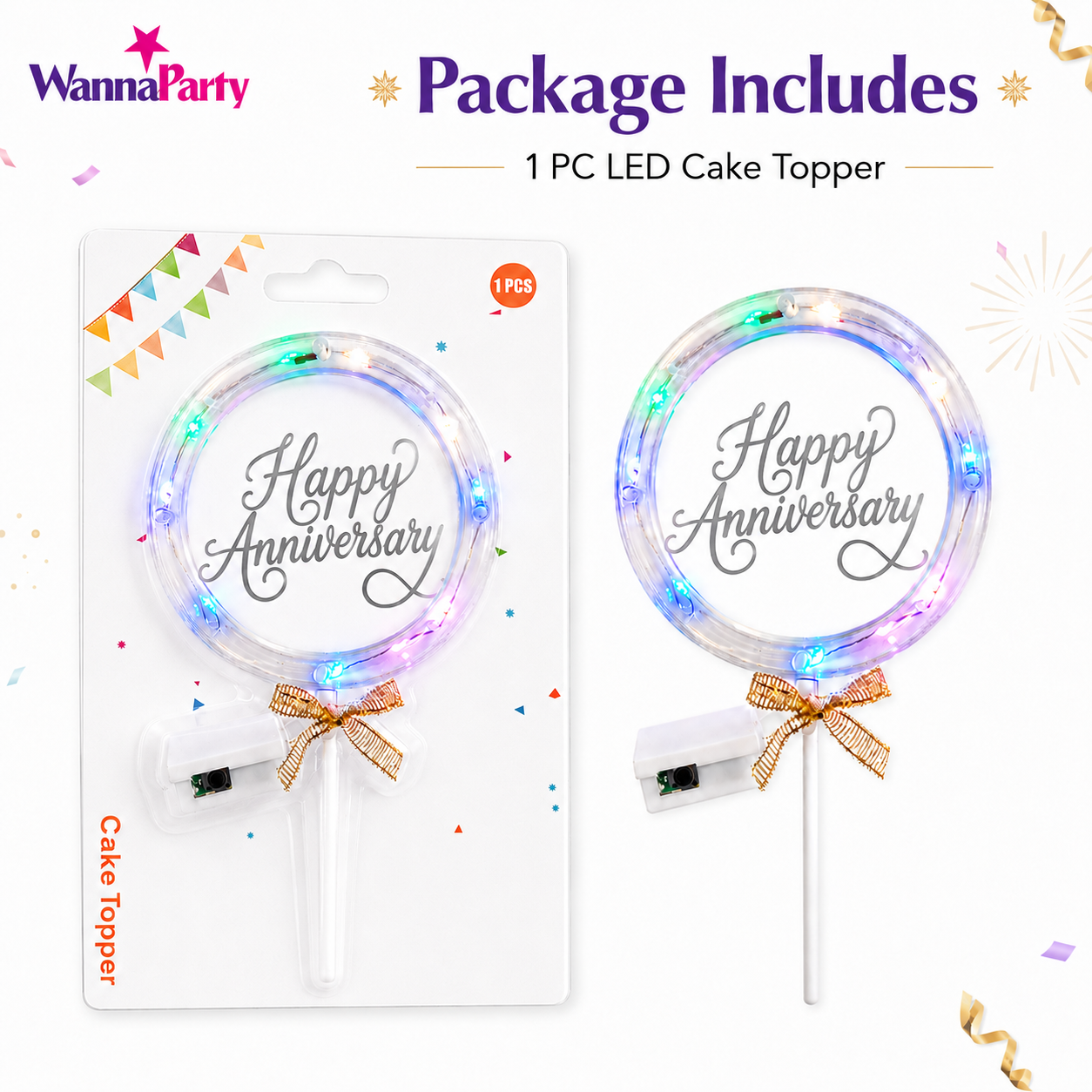 Happy Anniversary LED Cake Topper, Transparent Round Cake Decoration with Gold Text, Built-In Light String & Bow for Anniversary Party, Couple Celebration & Dessert Table – 1PC