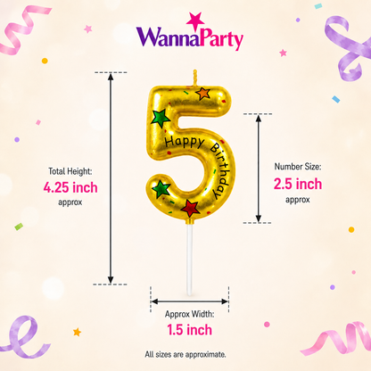 Golden Color Happy Birthday Printed Candle Number 5