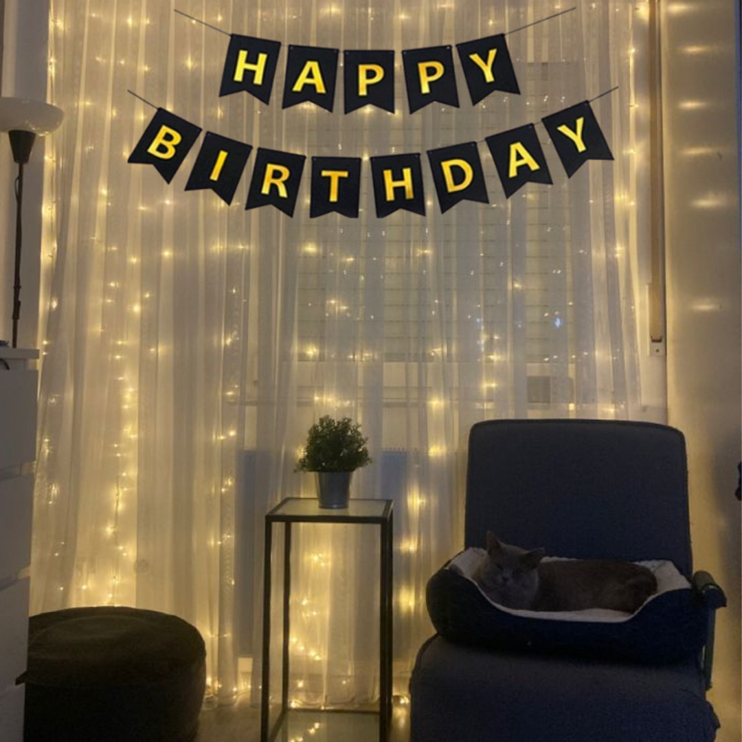 Happy Birthday Decoration Items - Black Happy Birthday Backdrop Decorations | Happy Birthday Decoration Kit | Black Happy Birthday Banner with LED Lights (Cardstock)