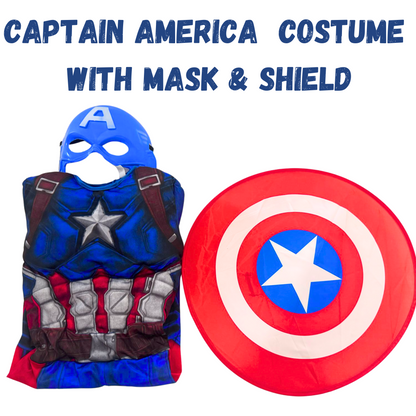 Captain America Muscular Costume w/ Face Mask & Shield for Kids - Size S - Age 3 - 5 YRS
