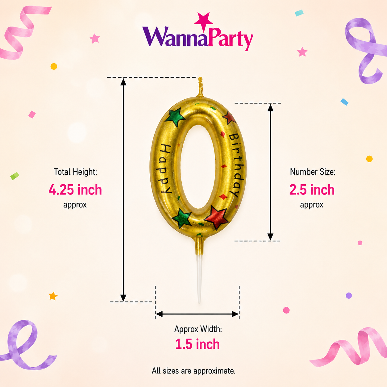 Golden Color Happy Birthday Printed Candle Number 0
