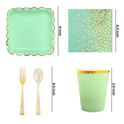 Mint Green Party Tableware Combo with Plates, Tissues, Cups, Spoons and Forks - 64PC - Serves Upto 10 Pax