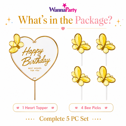 Happy Birthday Cake Topper with Yellow Butterflies - 5PC