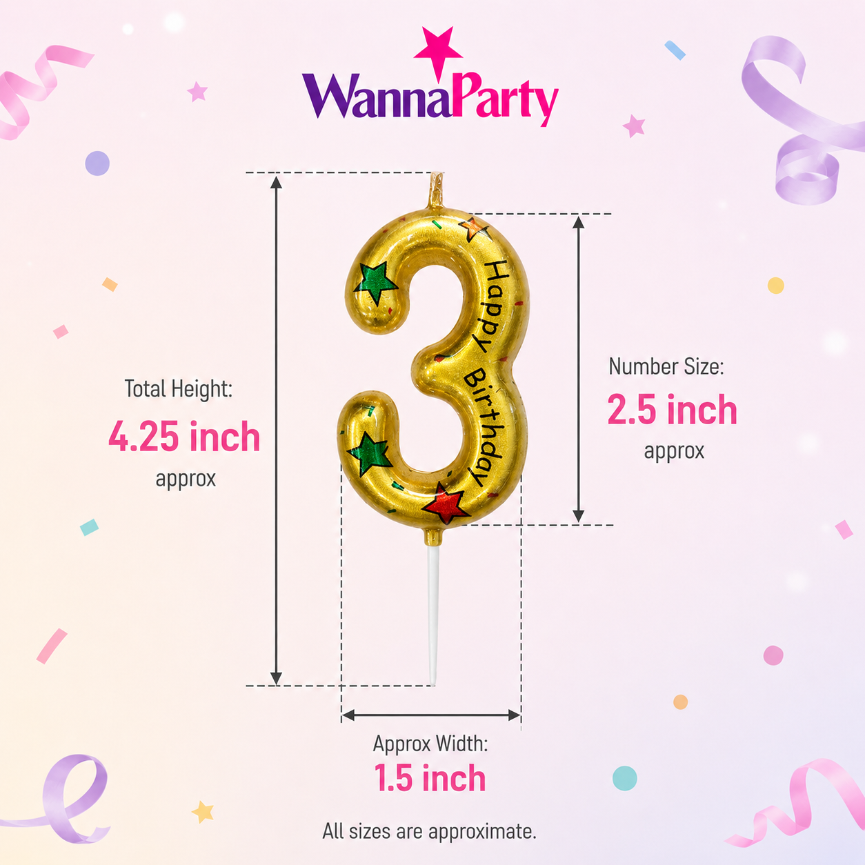 Golden Color Happy Birthday Printed Candle Number 3