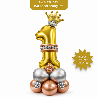 Royal 1st Birthday Large Golden Air Filled Balloon Bouquet Arrangement with Rose Gold & Silver Balloons