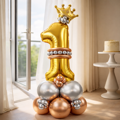 Royal 1st Birthday Large Golden Air Filled Balloon Bouquet Arrangement with Rose Gold & Silver Balloons