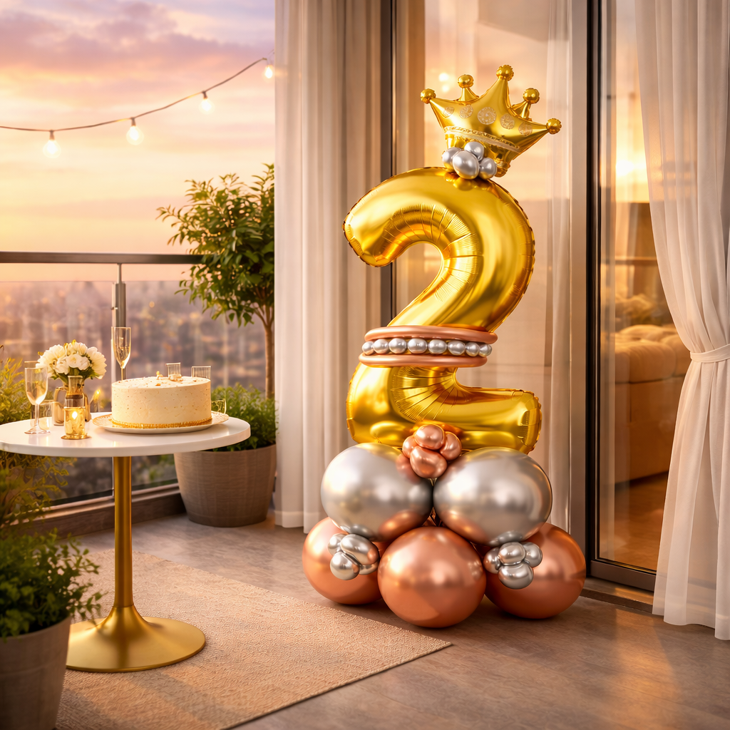 Royal 2nd Birthday Large Golden Air Filled Balloon Bouquet Arrangement with Rose Gold & Silver Balloons