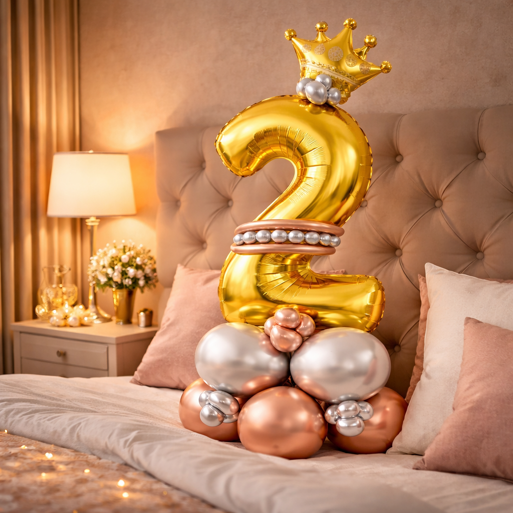 Royal 2nd Birthday Large Golden Air Filled Balloon Bouquet Arrangement with Rose Gold & Silver Balloons