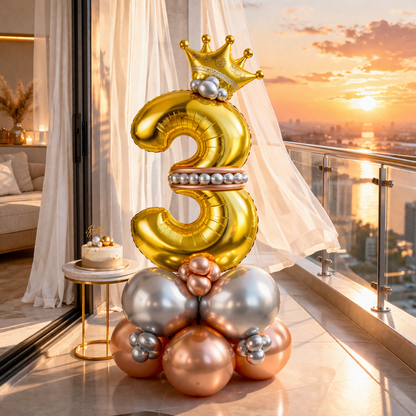 Royal 3rd Birthday Large Golden Air Filled Balloon Bouquet Arrangement with Rose Gold & Silver Balloons
