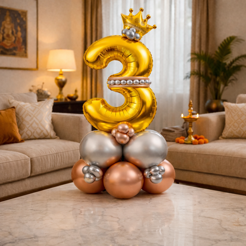 Royal 3rd Birthday Large Golden Air Filled Balloon Bouquet Arrangement with Rose Gold & Silver Balloons
