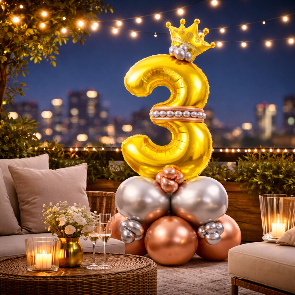 Royal 3rd Birthday Large Golden Air Filled Balloon Bouquet Arrangement with Rose Gold & Silver Balloons