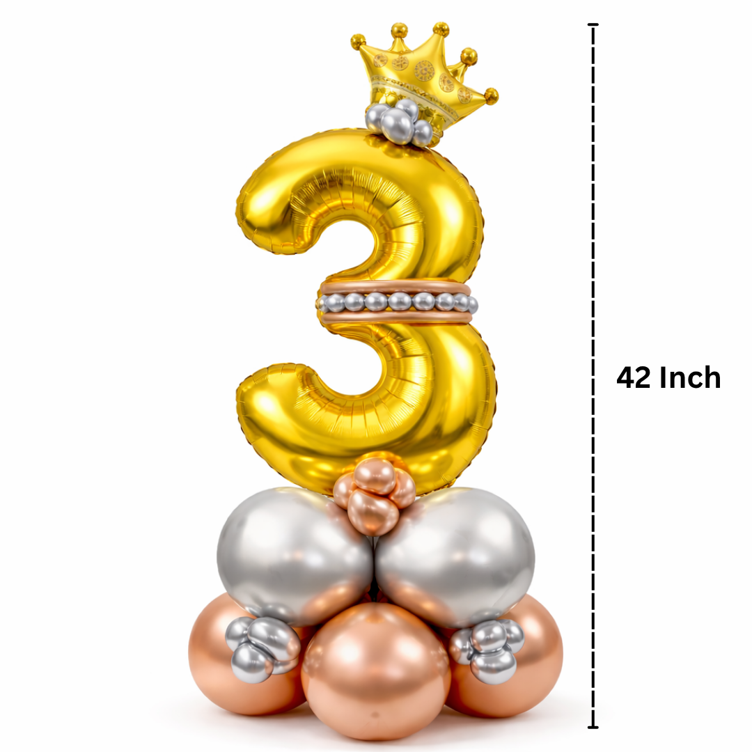Royal 3rd Birthday Large Golden Air Filled Balloon Bouquet Arrangement with Rose Gold & Silver Balloons