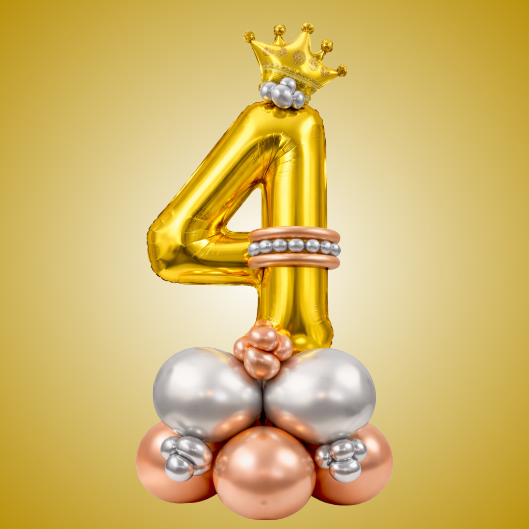 Royal 4th Birthday Large Golden Air Filled Balloon Bouquet Arrangement with Rose Gold & Silver Balloons