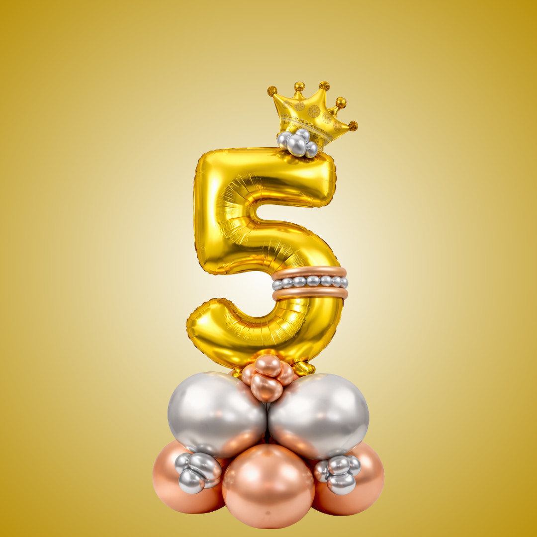 Royal 5th Birthday Large Golden Air Filled Balloon Bouquet Arrangement with Rose Gold & Silver Balloons