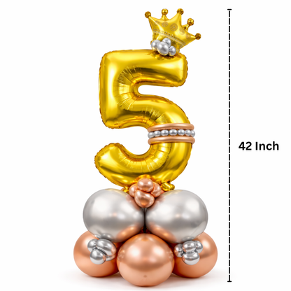 Royal 5th Birthday Large Golden Air Filled Balloon Bouquet Arrangement with Rose Gold & Silver Balloons