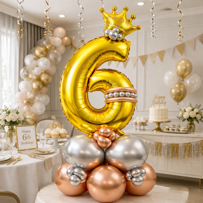 Royal 6th Birthday Large Golden Air Filled Balloon Bouquet Arrangement with Rose Gold & Silver Balloons