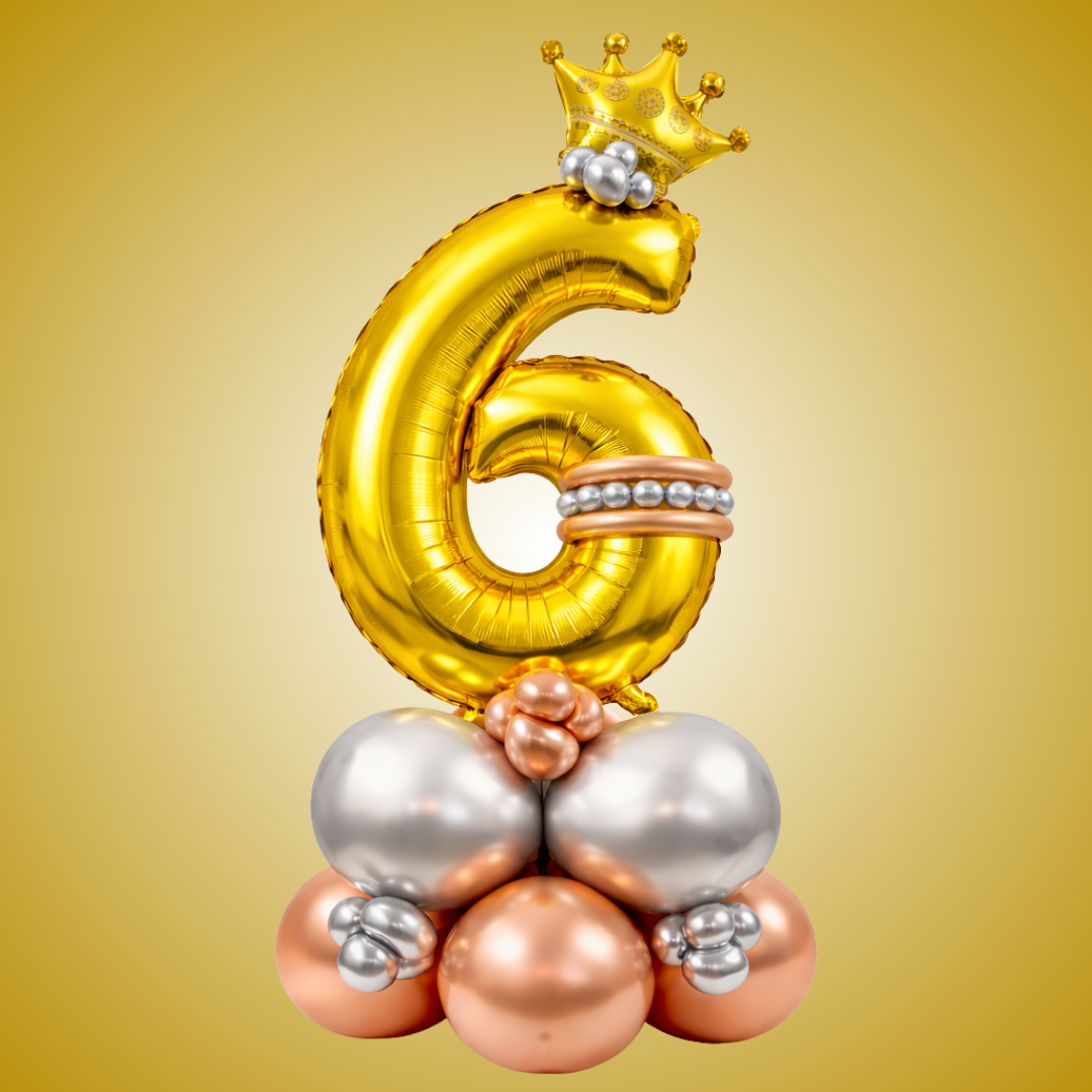 Royal 6th Birthday Large Golden Air Filled Balloon Bouquet Arrangement with Rose Gold & Silver Balloons