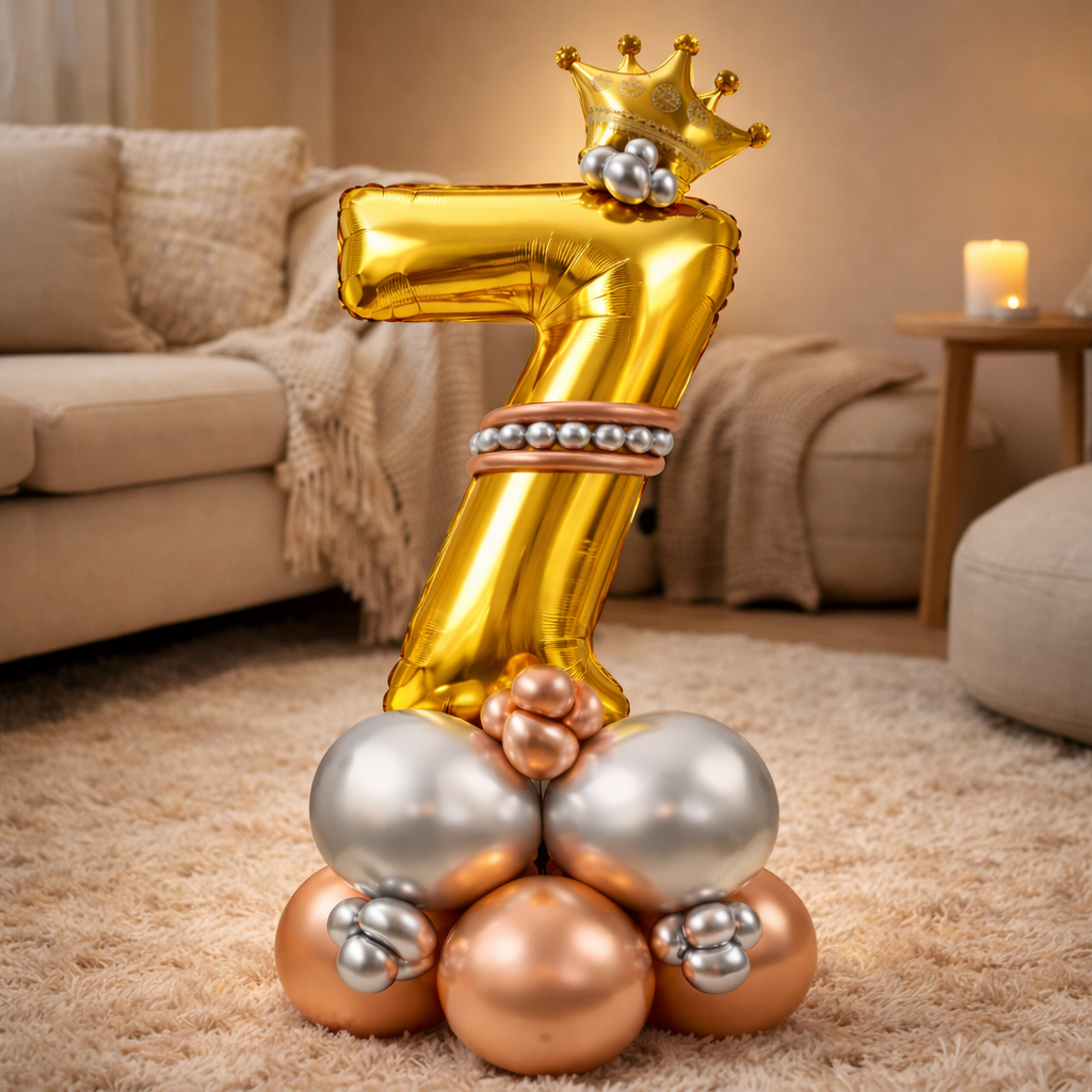 Royal 7th Birthday Large Golden Air Filled Balloon Bouquet Arrangement with Rose Gold & Silver Balloons