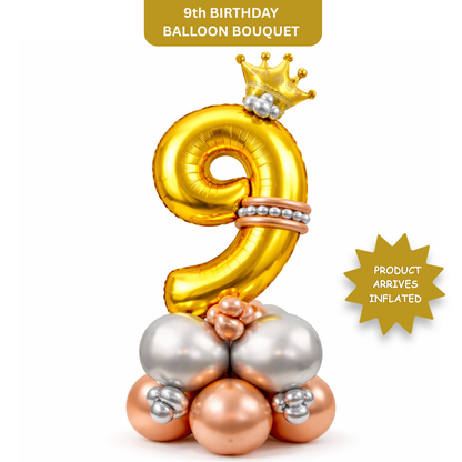 Royal 9th Birthday Large Golden Air Filled Balloon Bouquet Arrangement with Rose Gold & Silver Balloons
