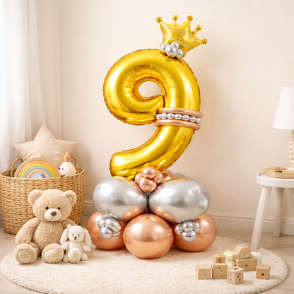 Royal 9th Birthday Large Golden Air Filled Balloon Bouquet Arrangement with Rose Gold & Silver Balloons