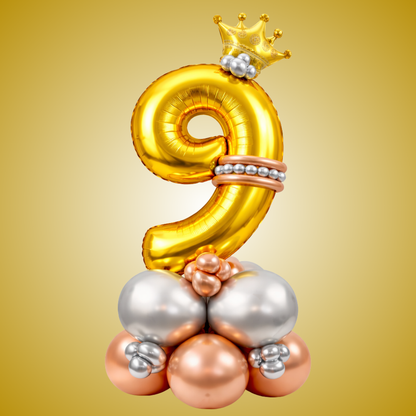 Royal 9th Birthday Large Golden Air Filled Balloon Bouquet Arrangement with Rose Gold & Silver Balloons