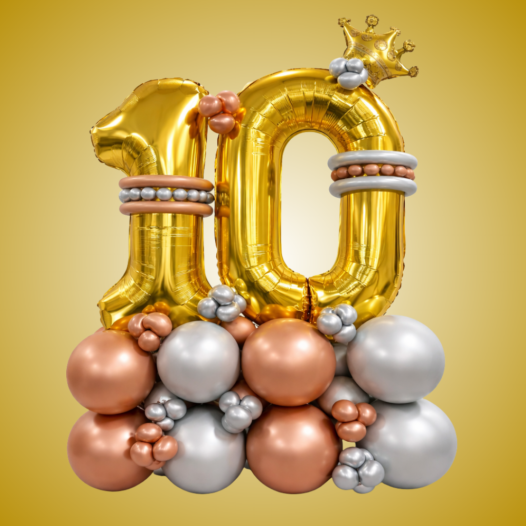 Signature 10th Birthday Large Golden Air Filled Balloon Bouquet Arrangement with Rose Gold & Silver Balloons