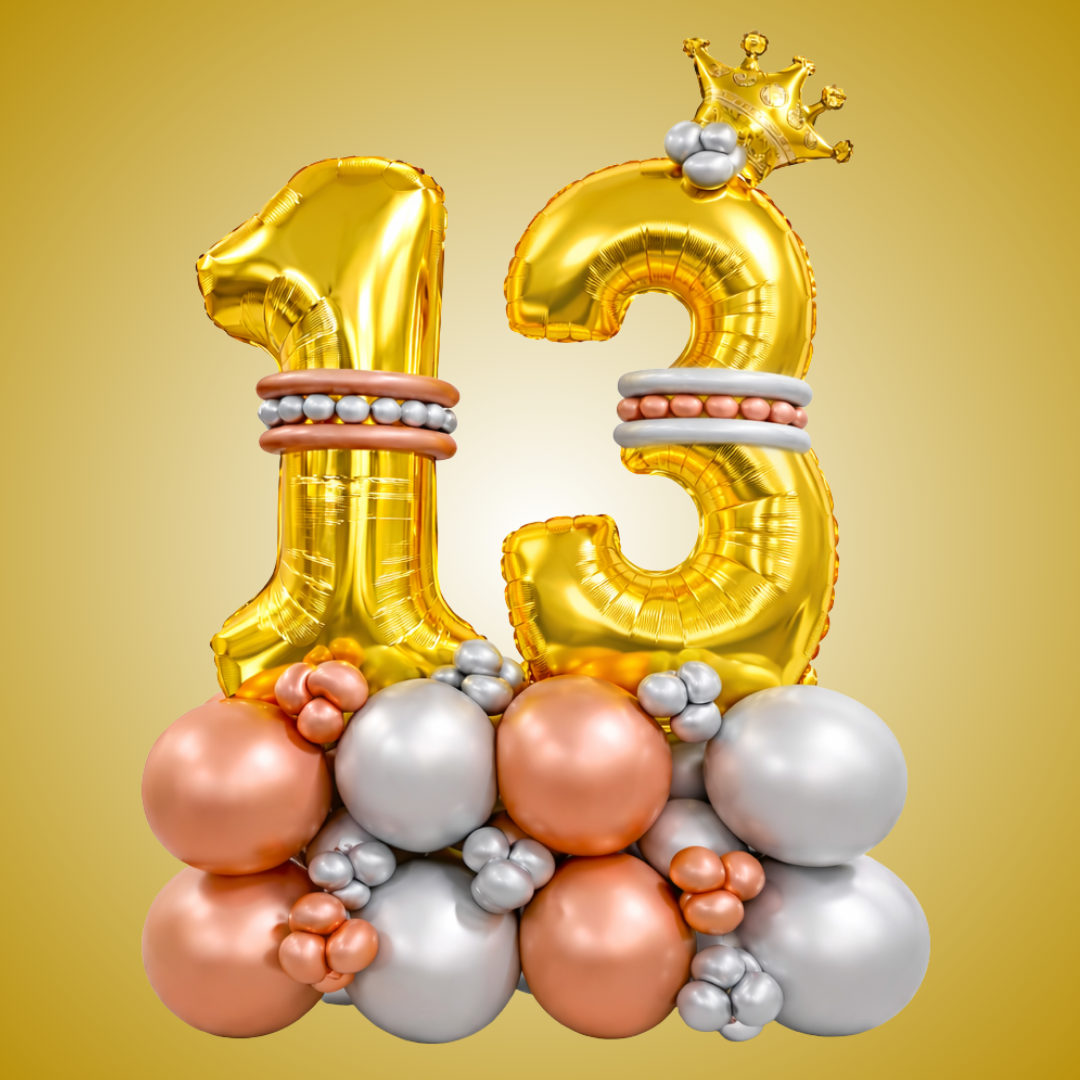 Signature 13th Birthday Large Golden Air Filled Balloon Bouquet Arrangement with Rose Gold & Silver Balloons