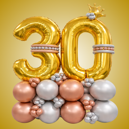 Signature 30th Birthday Large Golden Air Filled Balloon Bouquet Arrangement with Rose Gold & Silver Balloons
