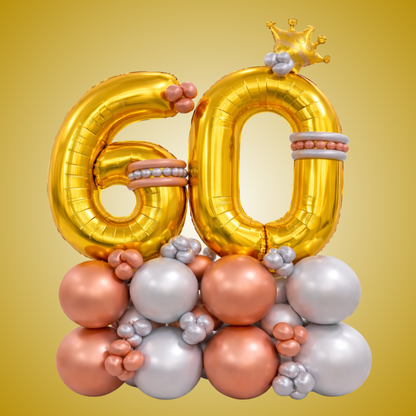 Signature Number 60 Large Golden Balloon Bouquet Arrangement with Small Crown & Silver, Rosegold Latex Balloons