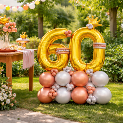 Signature Number 60 Large Golden Balloon Bouquet Arrangement with Small Crown & Silver, Rosegold Latex Balloons