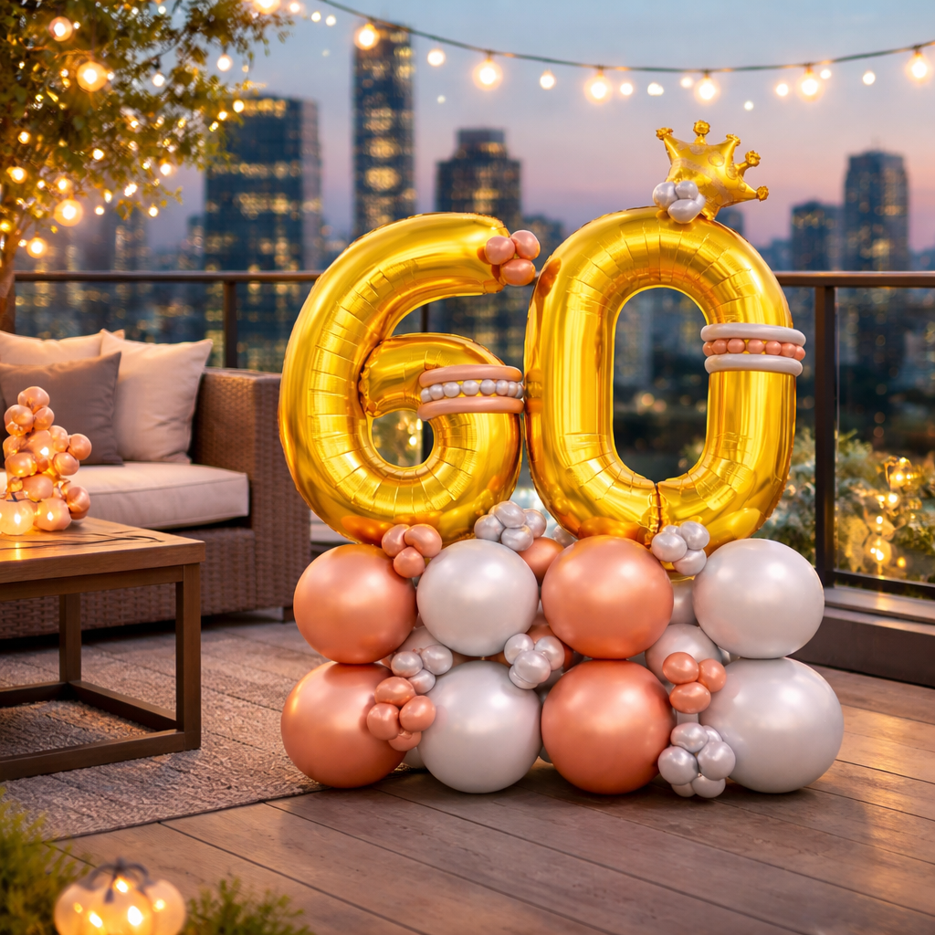 Signature Number 60 Large Golden Balloon Bouquet Arrangement with Small Crown & Silver, Rosegold Latex Balloons