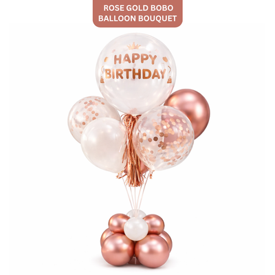 Luxurious Rose Gold BOBO Balloon with Rose Gold Confetti and Tassel | Air Filled Balloon Bouquet Arrangement on a Balloon Stand