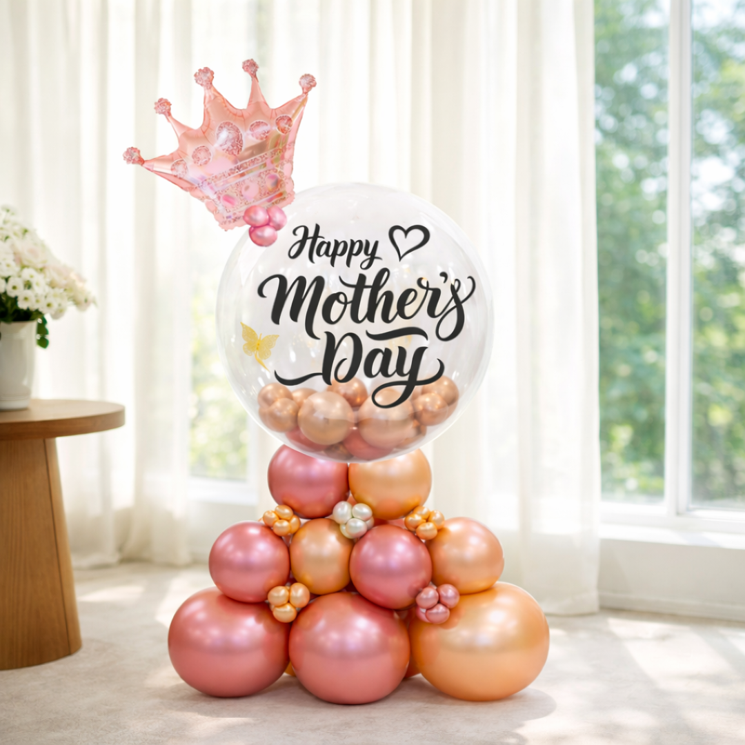 Fancy Mother's Day Air Filled Balloon Bouqet Arrangement with Rose Gold Crown